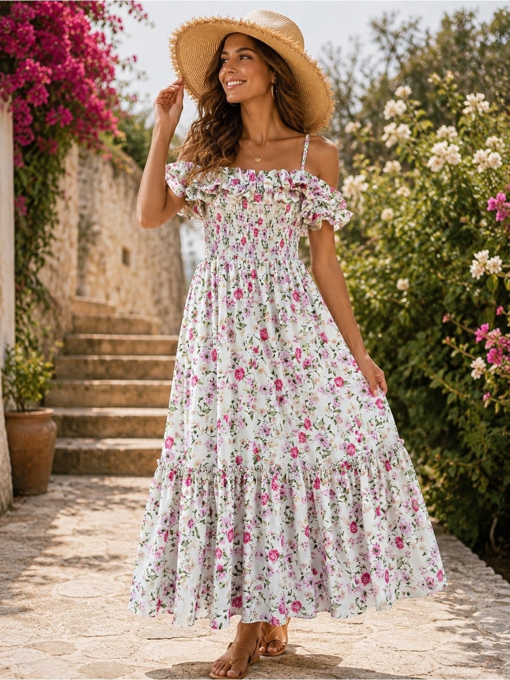 Off-Shoulder Floral Maxi Dress in White and Pink